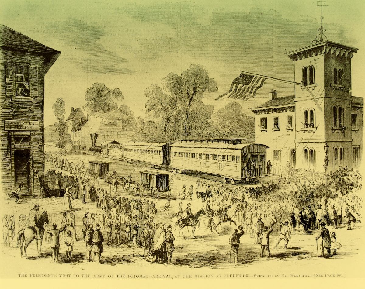Caption: The President's visit to the Army of the Potomac -- Arrival at the station at Frederick  Sketched by Mr. Hamilton 