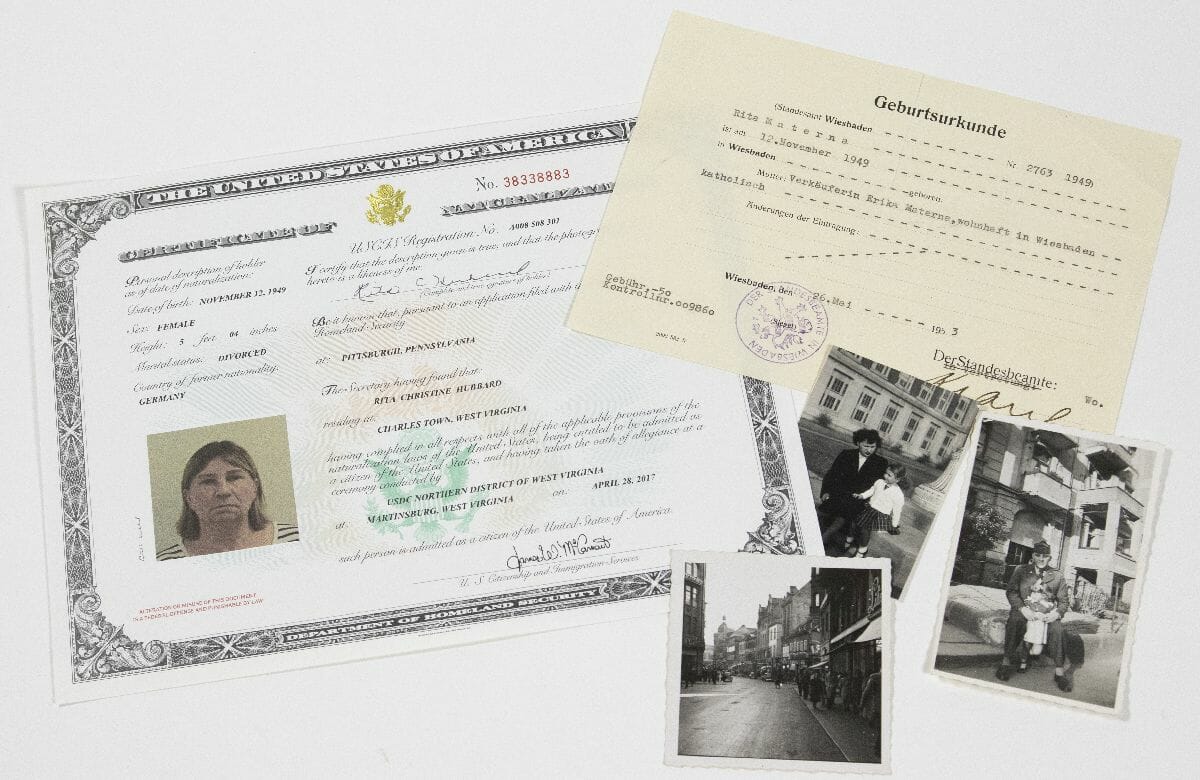 Rita's birth certificate and family photos